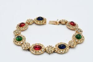 Vintage Ciner Rhinestone Bracelet Red Blue Green Cabochons 7 Inch